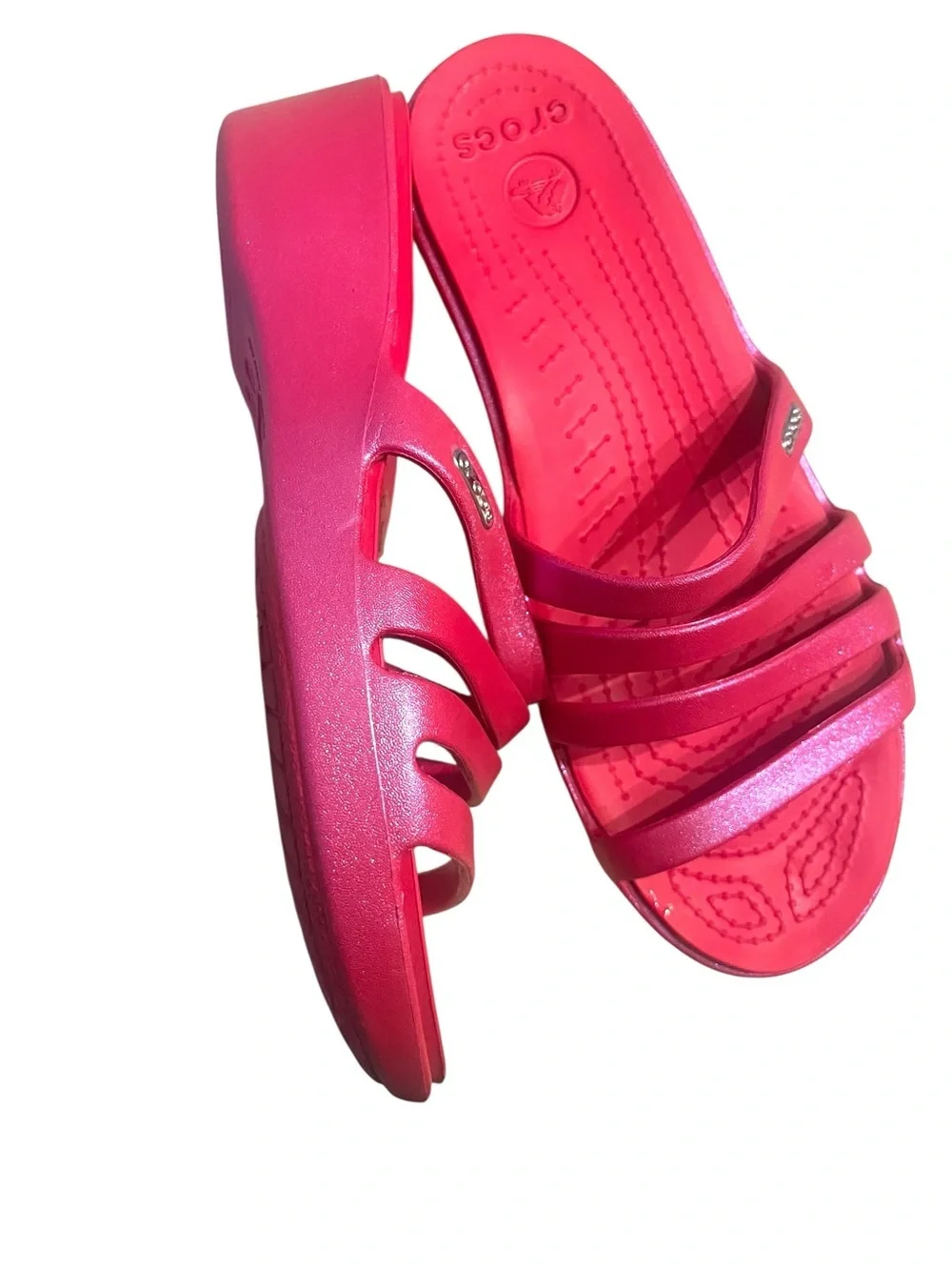 CROCS Rhonda Shimmery Hot Pink Multi-Strap Slide Sandals Sz 10